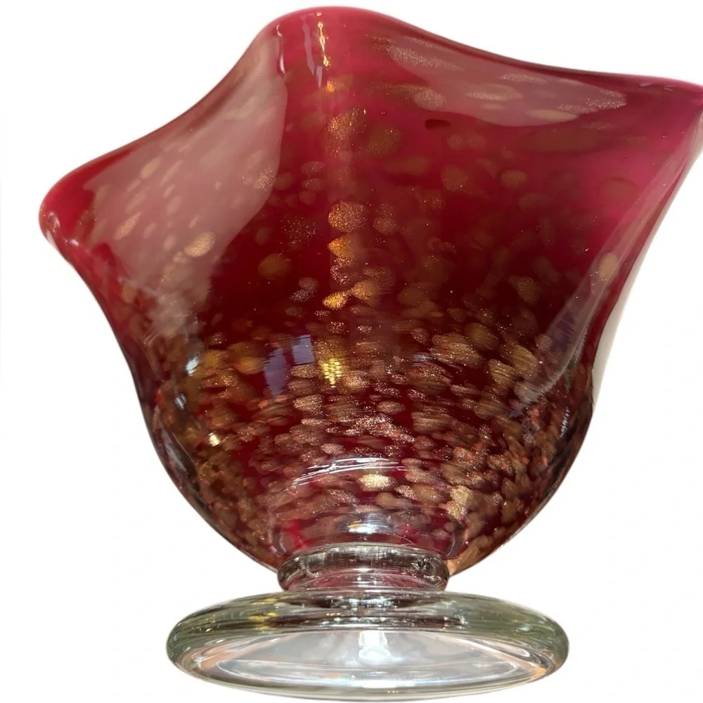 Art Glass cranberry/pink Footed Compote Ruffled w/gold flecks.